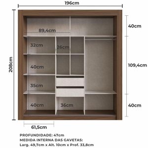 Guarda-Roupa Casal Édez Slow, 3 Portas de Correr, Touch Nogueira, com Espelho