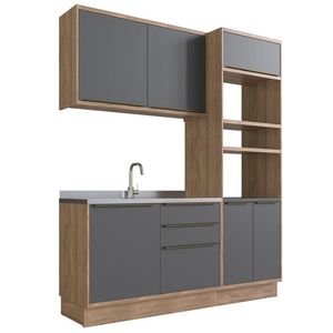 Cozinha Modulada Compacta, 3 Peças 100% MDF, Édez Uno, Grafite e Louro Freijó