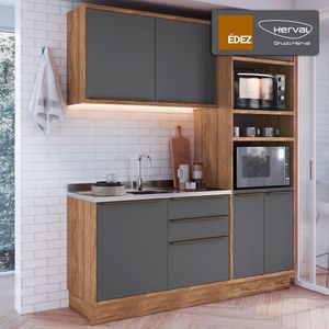 Cozinha Modulada Compacta, 3 Peças 100% MDF, Édez Uno, Grafite e Louro Freijó