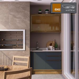 Cozinha Modulada Compacta, 2 Peças 100% MDF com Vidro, Édez Uno, Grafite e Louro Freijó