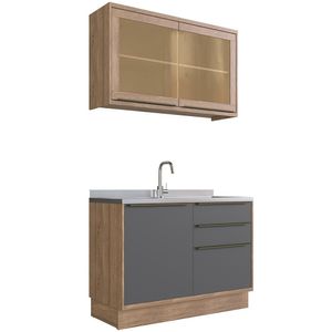 Cozinha Modulada Compacta, 2 Peças 100% MDF com Vidro, Édez Uno, Grafite e Louro Freijó