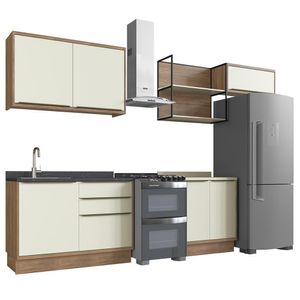 Cozinha Completa 100% MDF Modulada com Nicho Édez Uno, 6 Peças, Off White e Louro Freijó