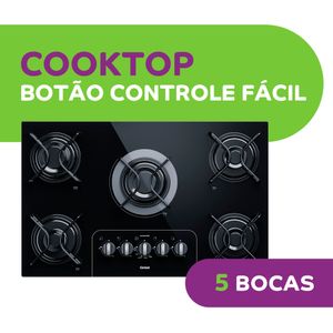 Cooktop Consul a Gás 5 Bocas Vidro Temperado Preto e Acendimento Super Automático Controle Fácil CD075AE Bivolt