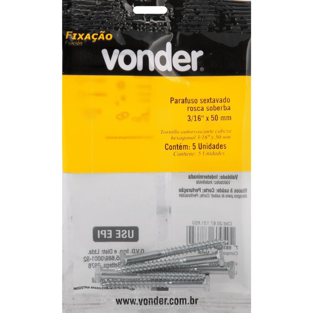 Parafuso Sextavado Rosca Soberba 3 16x50mm 5 Peças Vonder Angeloni