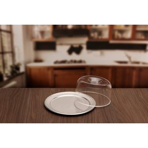 Conjunto para bolo vai a mesa com prato aço inox 32 cm de diâmetro e cupula transparente Petúnia Brinox