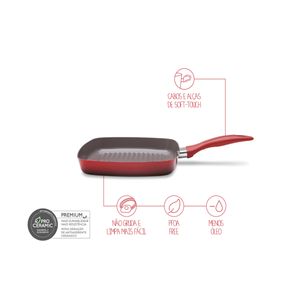 Grill 24cm 1,35L Ceramic Life Mineral Resist Antiaderente vermelho para grelhar carnes e legumes Easy Brinox