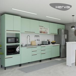 Cozinha Modulada Herval Manhattan, 11 Peças, MDP, Verde Bali, 430 cm