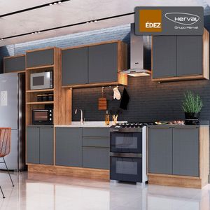 Cozinha Completa 100% MDF Modular Édez Uno, 7 Peças, Grafite e Louro Freijó