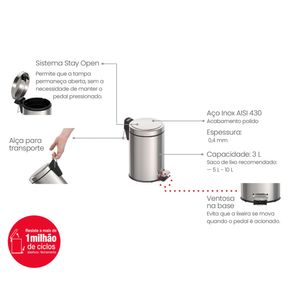 Lixeira Tramontina Brasil com Pedal 3L Redonda Inox
