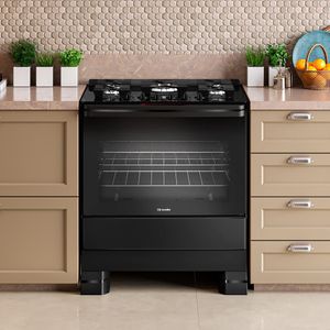 Fogão Mueller 5 bocas Preto com Mesa de Vidro e Tripla Chama MFV5BF
