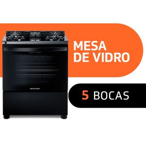 Fogão Brastemp 5 Bocas Turbo Chama Mesa de Vidro Preto Bivolt BFS5VCE