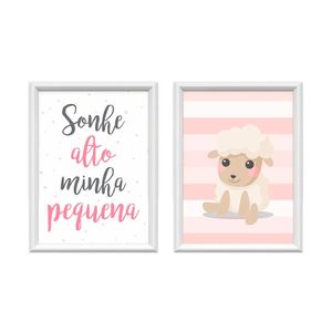 Kit 2 Quadros Decorativos Meu Rodapé Sonhe Alto e Ovelha Rosa 34x44