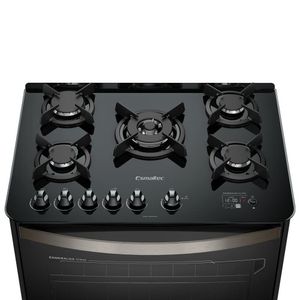 Fogão Esmaltec Esmeralda Glass Gourmet 5 Bocas Preto Com Timer Digital E Grill Elétrico