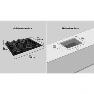 Cooktop 4B Preto Com Mesa De Vidro Tripla Chama Dako Bivolt