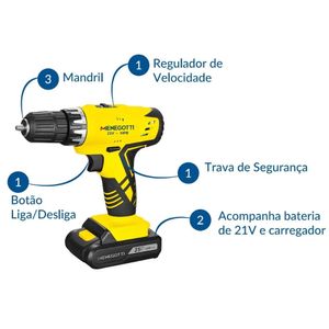 Furadeira e Parafusadeira a Bateria MPB-21 21V Menegotti 18+1 Posições de Torque Acompanha Bateria