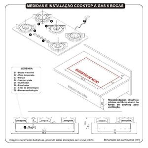 Cooktop 5 Bocas à Gás Mesa De Vidro Temperado 6mm Preto Biv