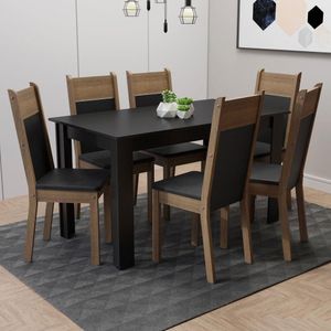 Mesa Tampo de Madeira com 6 Cadeiras Preto Rustic Preto