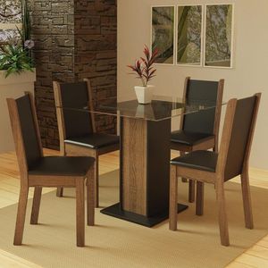 Conjunto Mesa Tampo de Vidro com 4 Cadeiras Rustic e Preto