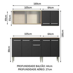 Armário de Cozinha Emilly Box com Balcão e Aéreo Vidro Preto