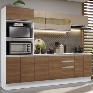 Cozinha Completa Modulada Com Balcão E Tampo Smart 250Cm 100% MDF Madesa Branco Rustic Crema