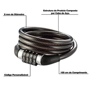 Cadeado de Aço BI012 para Bicicleta com Senha Cabo 8mm Preto G06 - Atrio