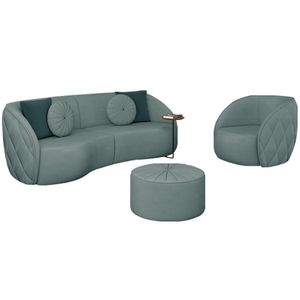 Conjunto Decorativo Sofá 240cm e Poltrona Clarke com Puff Round Veludo Azul Turquesa G45 - Gran Belo