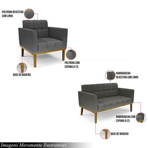 Conjunto Poltrona e Namoradeira Decorativas Karen Pés Fixo em Madeira Castanho Linho Cinza Mesclado G19 - Gran Belo