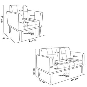 Conjunto 2 Poltronas e 1 Namoradeira Decorativa Karen Pés Fixo em Madeira Castanho PU Bege G19 - Gran Belo