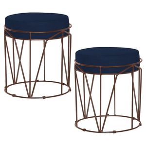Kit 2 Puffs Decorativo Sala de Estar Base Bronze Chloe Veludo Azul G41 - Gran Belo