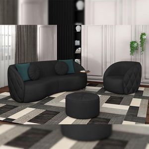 Kit 2 Puffs Decorativos Sala De Estar Round PU Preto G45 - Gran Belo