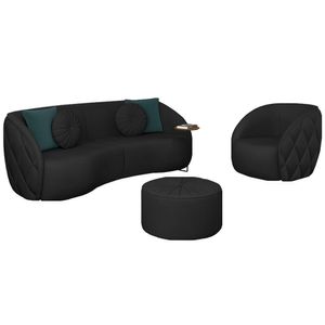 Conjunto Decorativo Sofá 288cm e Poltrona Clarke com Puff Round Pu Preto G45 - Gran Belo