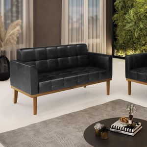 Poltrona Namoradeira Decorativa Karen Pés Fixo em Madeira Castanho PU Preto Brilho G19 - Gran Belo