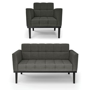 Conjunto Poltrona e Namoradeira Decorativa Karen Pés Fixo em Madeira Preto Linho Cinza Mesclado G19 - Gran Belo