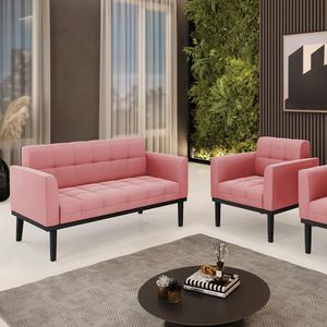 Conjunto Poltrona e Namoradeira Decorativa Karen Pés Fixo em Madeira Preto Suede Rose G19 - Gran Belo