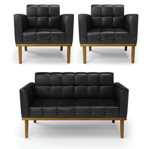 Conjunto 2 Poltronas e 1 Namoradeira Decorativa Karen Pés Fixo em Madeira Castanho PU Preto Brilho G19 - Gran Belo