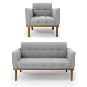 Conjunto Poltrona e Namoradeira Decorativas Karen Pés Fixo em Madeira Castanho Suede Cinza G19 - Gran Belo