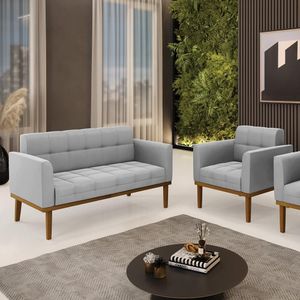 Conjunto Poltrona e Namoradeira Decorativas Karen Pés Fixo em Madeira Castanho Suede Cinza G19 - Gran Belo
