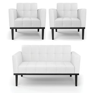 Conjunto 2 Poltronas e 1 Namoradeira Decorativa Karen Pés Fixo em Madeira Preto PU Branco G19 - Gran Belo