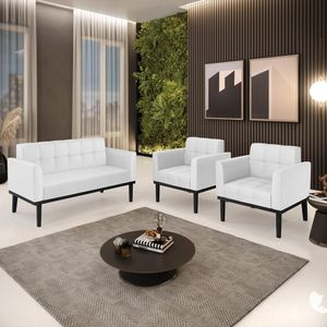 Conjunto 2 Poltronas e 1 Namoradeira Decorativa Karen Pés Fixo em Madeira Preto PU Branco G19 - Gran Belo