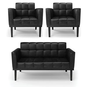 Conjunto 2 Poltronas e 1 Namoradeira Decorativa Karen Pés Fixo em Madeira PU Preto Brilho G19 - Gran Belo