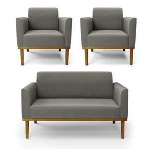 Conjunto 2 Poltronas e 1 Namoradeira Decorativa Isabella Pés Fixo em Madeira Castanho Suede Grafite G19 - Gran Belo