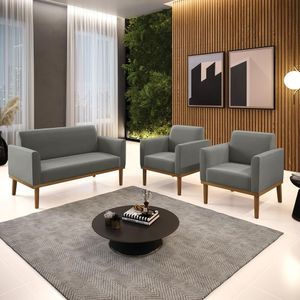 Conjunto 2 Poltronas e 1 Namoradeira Decorativa Isabella Pés Fixo em Madeira Castanho Suede Grafite G19 - Gran Belo
