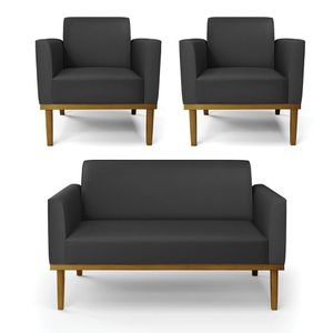 Conjunto 2 Poltronas e 1 Namoradeira Decorativa Isabella Pés Fixo em Madeira Castanho PU Preto G19 - Gran Belo