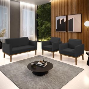 Conjunto 2 Poltronas e 1 Namoradeira Decorativa Isabella Pés Fixo em Madeira Castanho PU Preto G19 - Gran Belo
