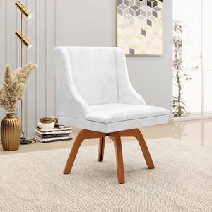 Poltrona Decorativa Base Giratória de Madeira Firenze PU Branco Brilho/Natural G19 - Gran Belo