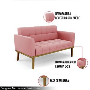 Poltrona Namoradeira Decorativa Karen Pés Fixo em Madeira Castanho Suede Rose G19 - Gran Belo
