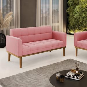 Poltrona Namoradeira Decorativa Karen Pés Fixo em Madeira Castanho Suede Rose G19 - Gran Belo
