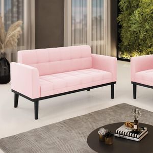 Poltrona Namoradeira Decorativa Karen Pés Fixo em Madeira Preto Suede Rosa Bebê G19 - Gran Belo