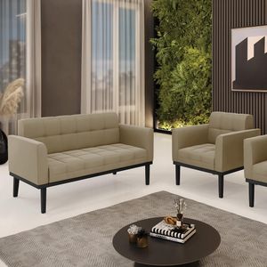 Conjunto Poltrona e Namoradeira Decorativa Karen Pés Fixo em Madeira Preto Suede Nude G19 - Gran Belo