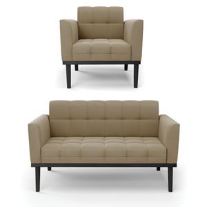 Conjunto Poltrona e Namoradeira Decorativa Karen Pés Fixo em Madeira Preto Suede Nude G19 - Gran Belo